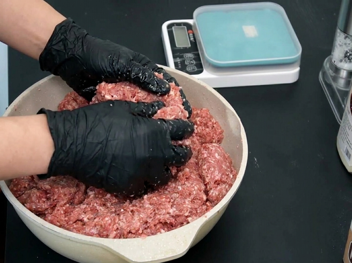 Dos manos con guantes tomando una porción de carne picada sazonada de la bandeja.