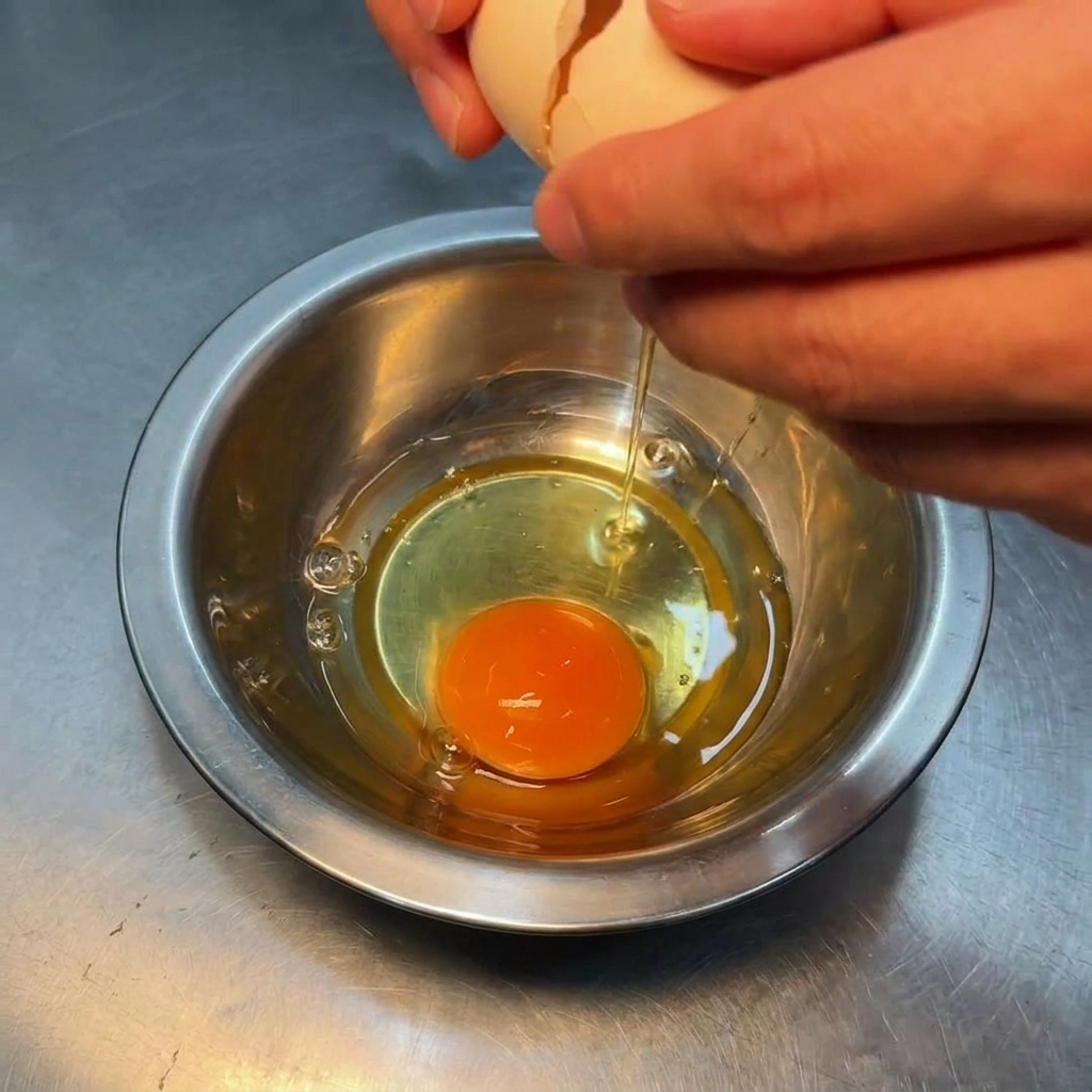 Manos cascando un huevo crudo en un pequeño bol de acero inoxidable.