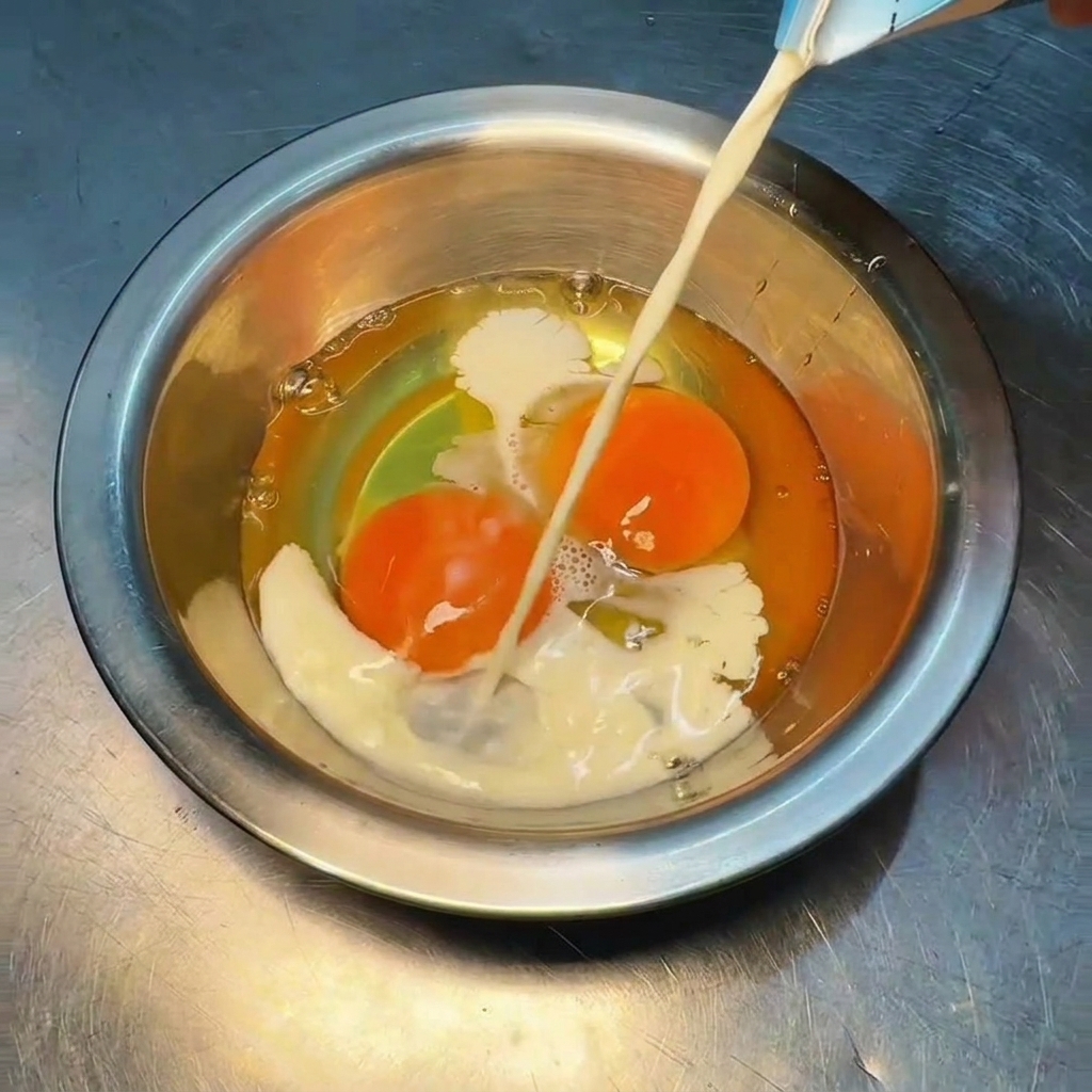 Vertiendo leche desde un cartón en un bol con huevos crudos.
