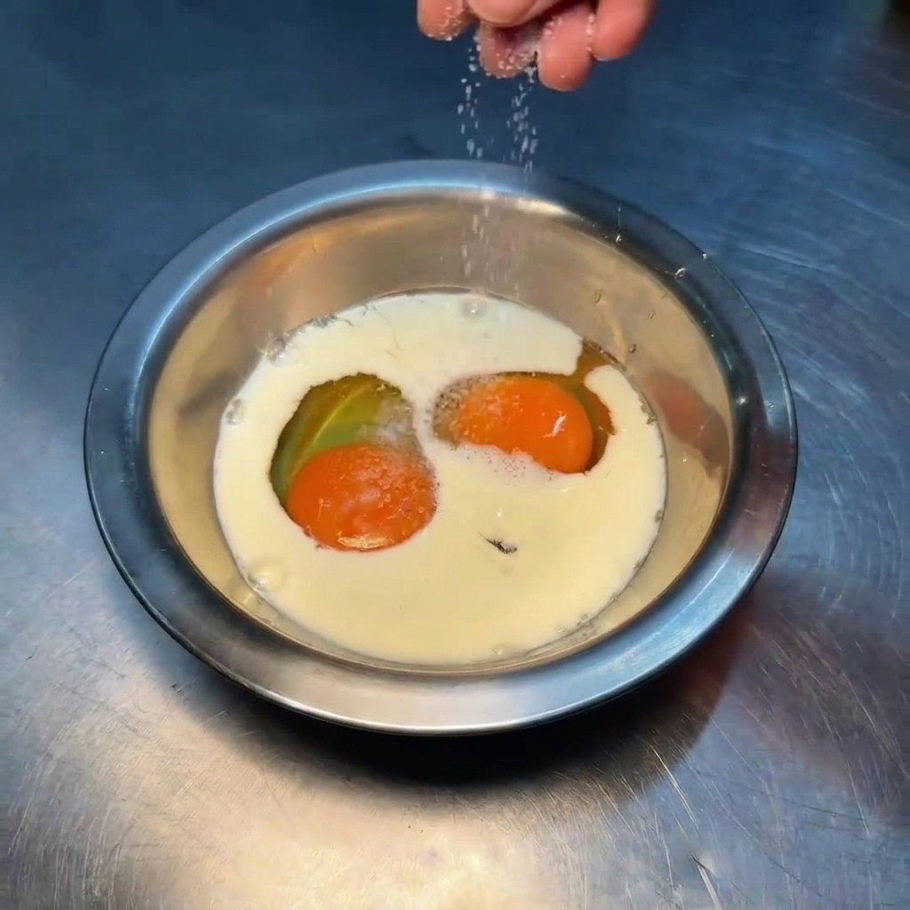 Una mano espolvoreando sal y pimienta blanca en un bol con huevos y leche.