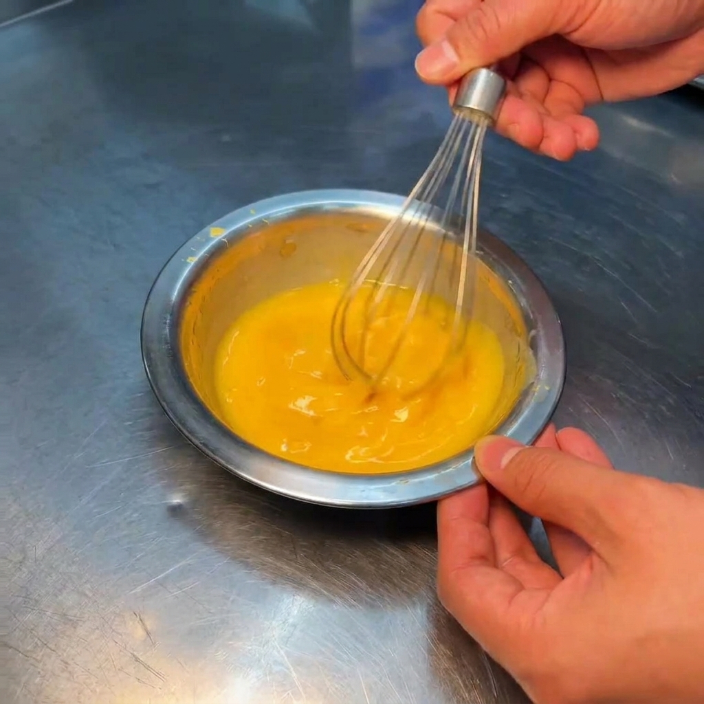 Batiendo una mezcla de huevo de color amarillo brillante en un bol de acero inoxidable.