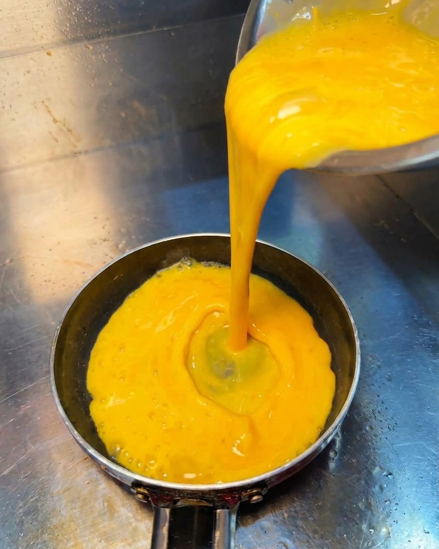 Vertiendo el líquido de huevo amarillo en una sartén pequeña caliente.
