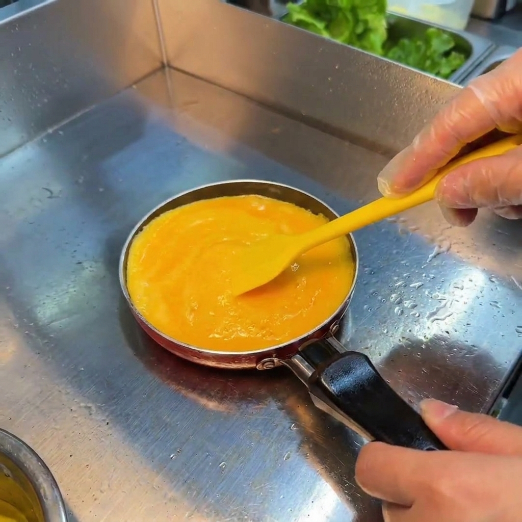 Una mano moviendo huevos revueltos suaves en una sartén con una espátula amarilla.