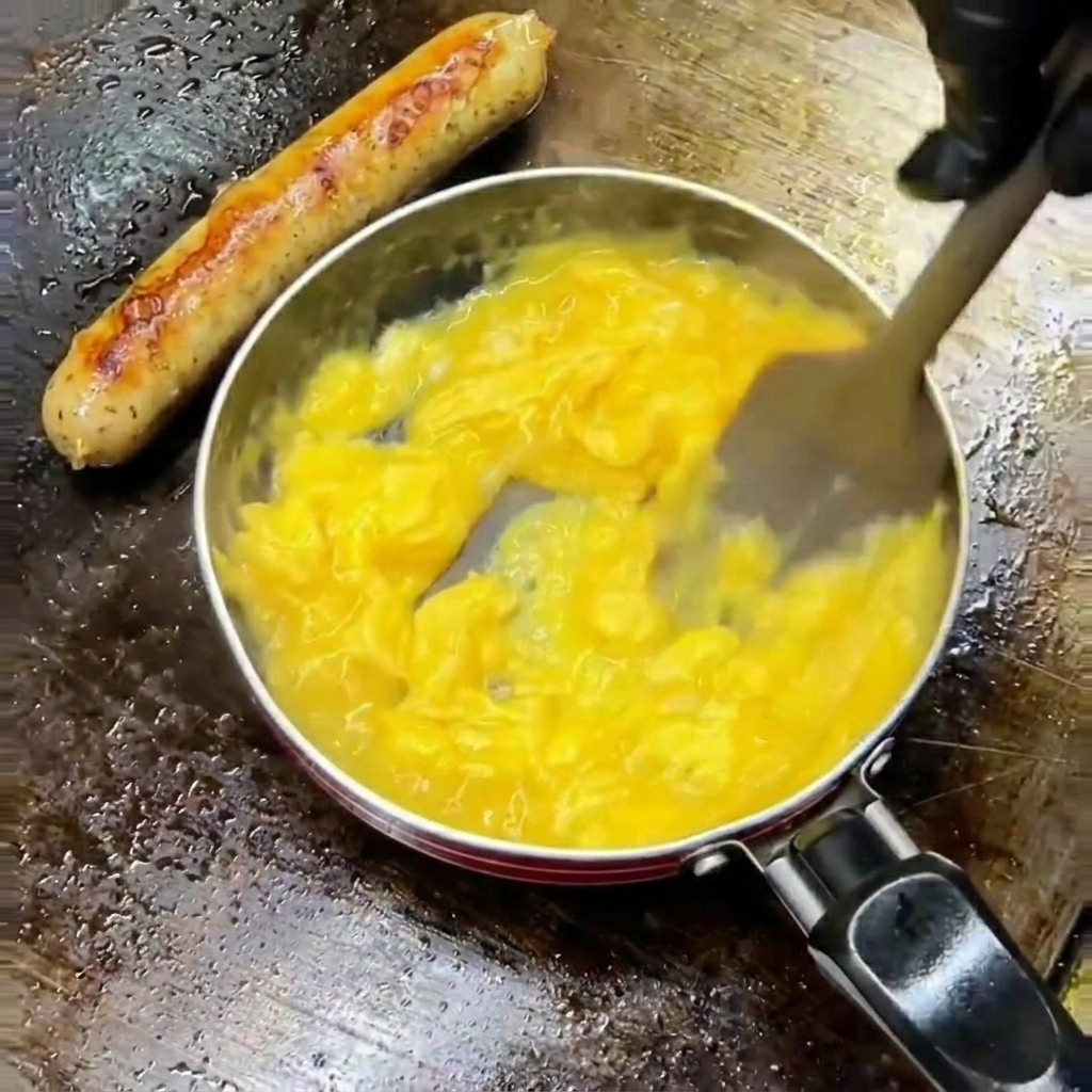 Huevos revueltos brillantes siendo removidos con una espátula en una sartén.