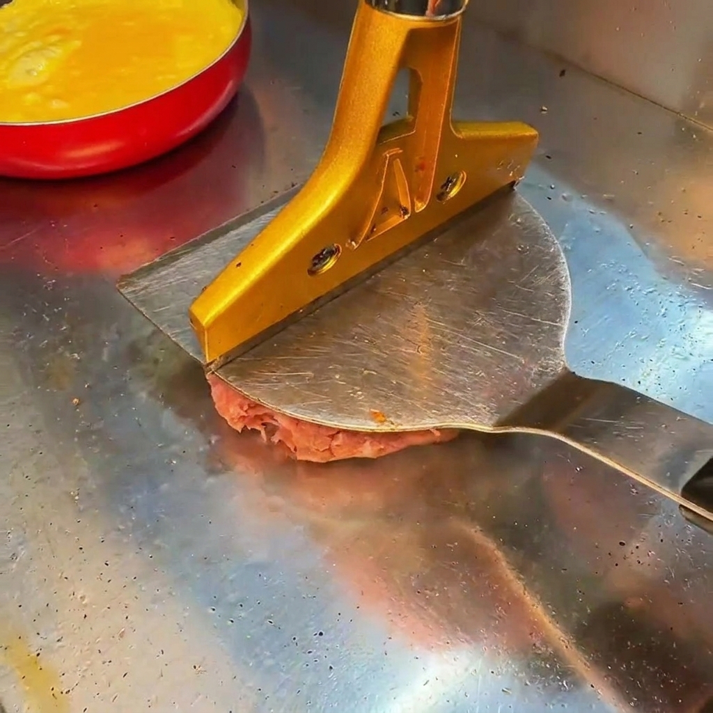 Una bola de carne de ternera siendo aplastada en una plancha caliente con una prensa de metal.