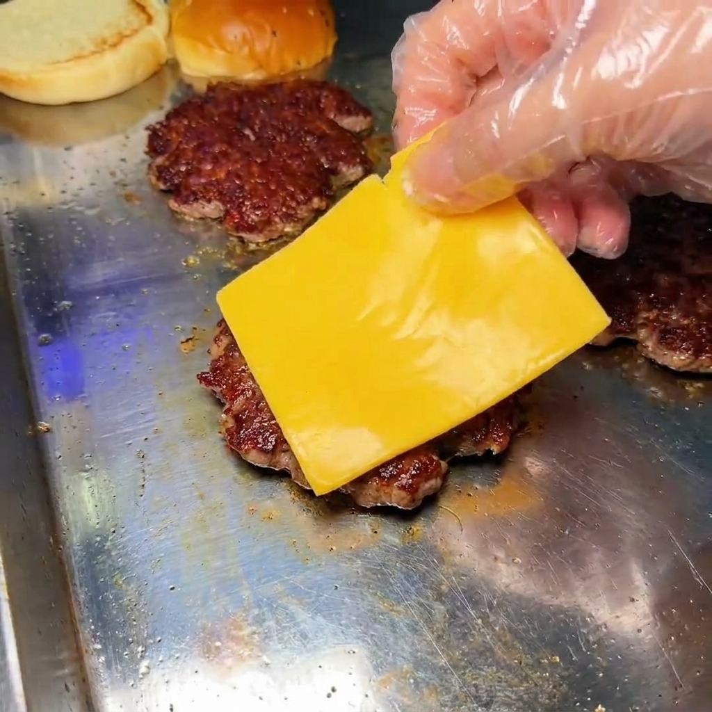 Una mano colocando una loncha de queso amarillo sobre la carne caliente.