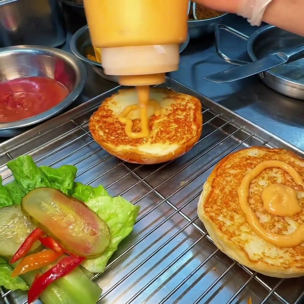 Vertiendo salsa de hamburguesa naranja sobre panes de brioche tostados.
