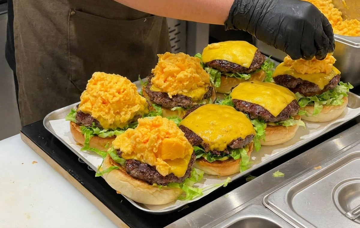 Colocando una gran porción de huevos revueltos sobre la hamburguesa con queso.