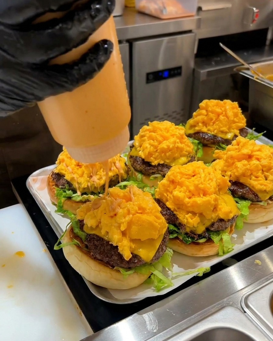 Añadiendo salsa agridulce sobre la montaña de huevos revueltos de la hamburguesa.