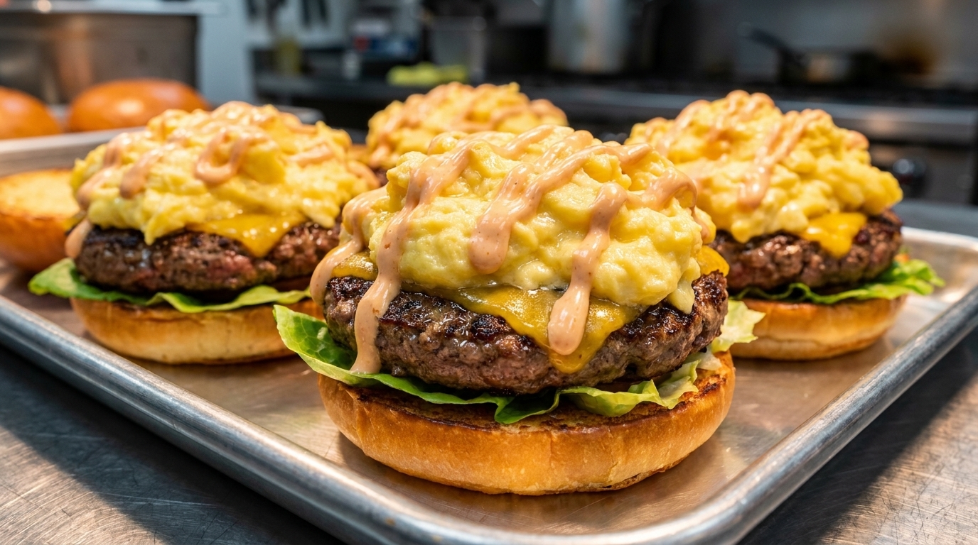 Una hamburguesa gourmet con carne estilo smash, una montaña de huevos revueltos cremosos, queso fundido y salsa agridulce en pan brioche.