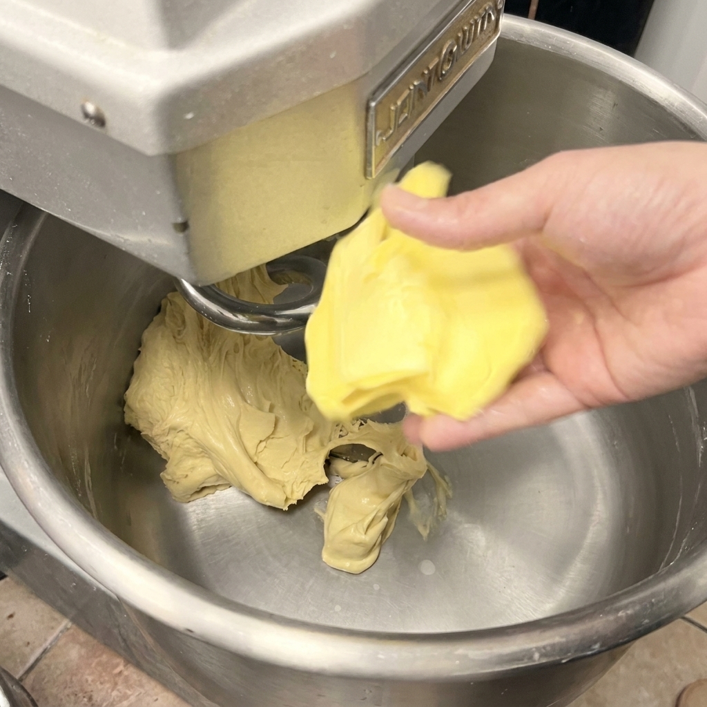 Una mano añadiendo trozos de mantequilla blanda al bol de la batidora con la masa desarrollada.