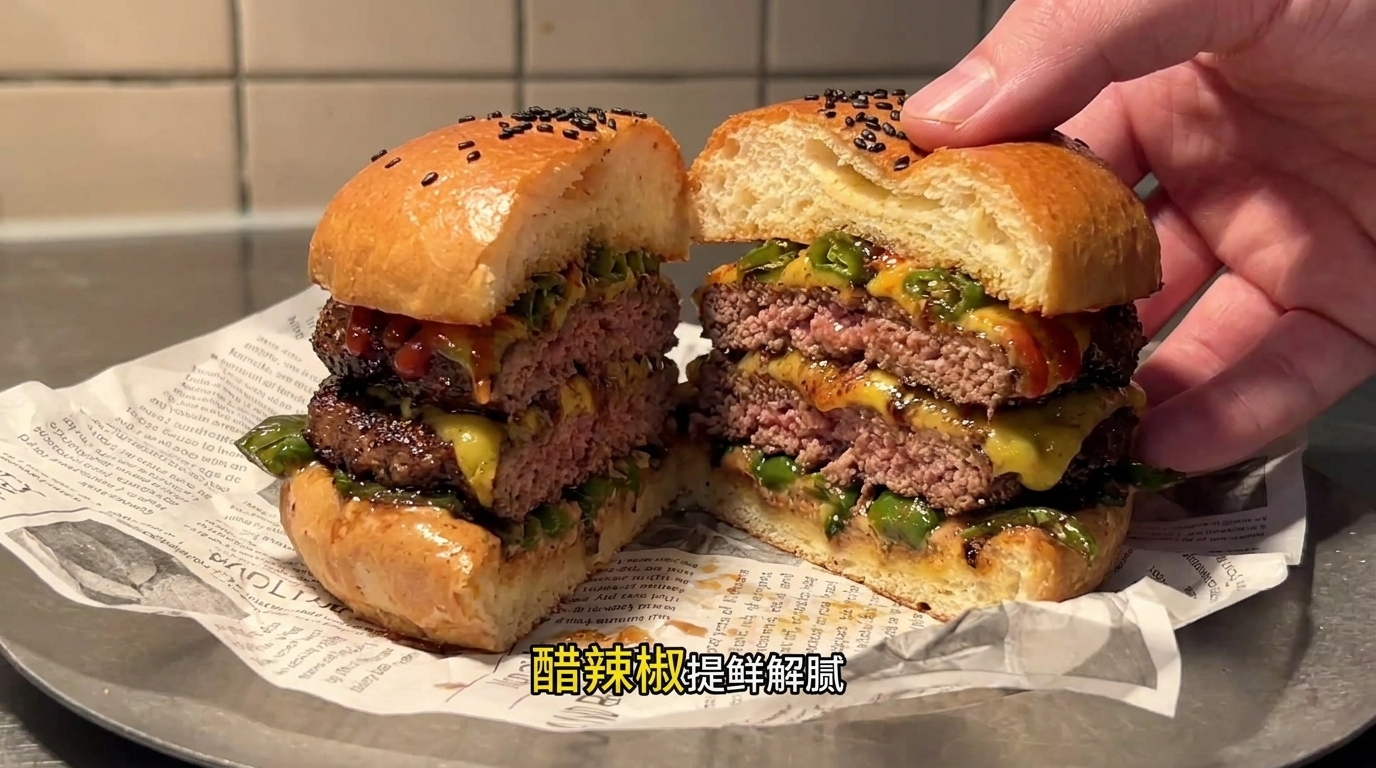 Doble Cheeseburger al Estilo Sichuan con Chiles al Vinagre