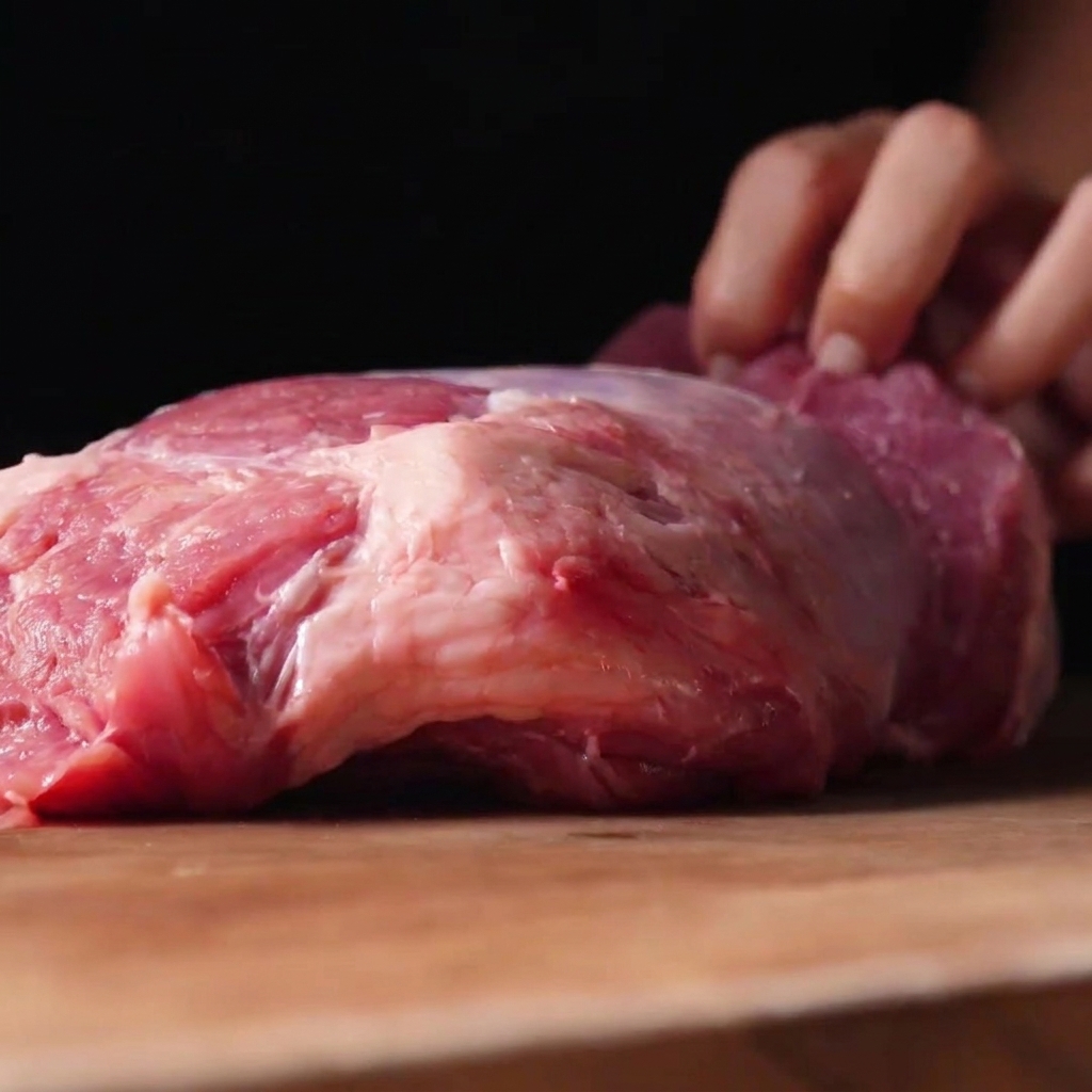 Un trozo grande de morcillo de ternera cruda sobre una tabla de cortar de madera.