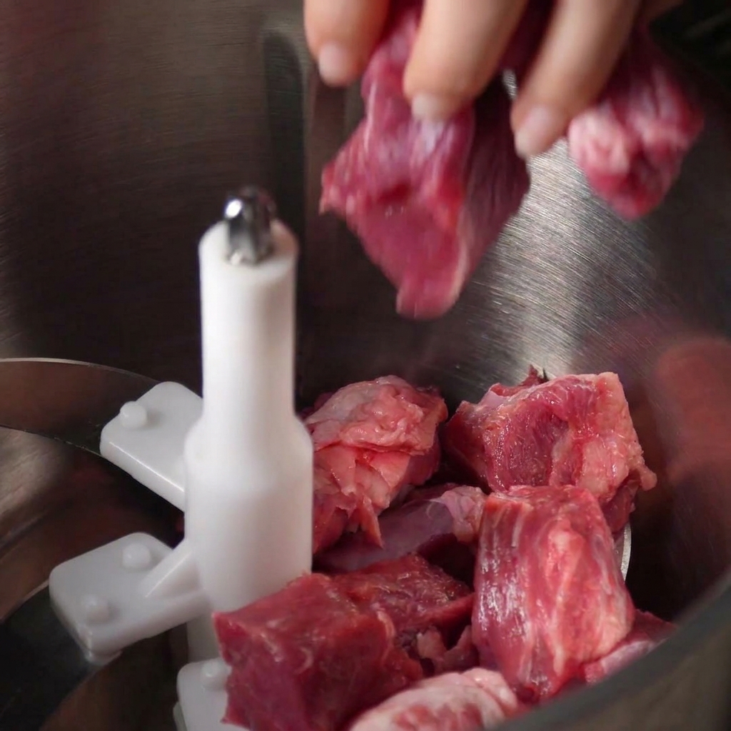 Mano echando trozos de grasa de ternera cruda en el bol metálico de un procesador de alimentos.