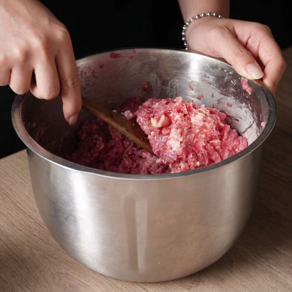 Carne de ternera cruda picada gruesa recogida con una cuchara de madera en un bol de acero inoxidable.