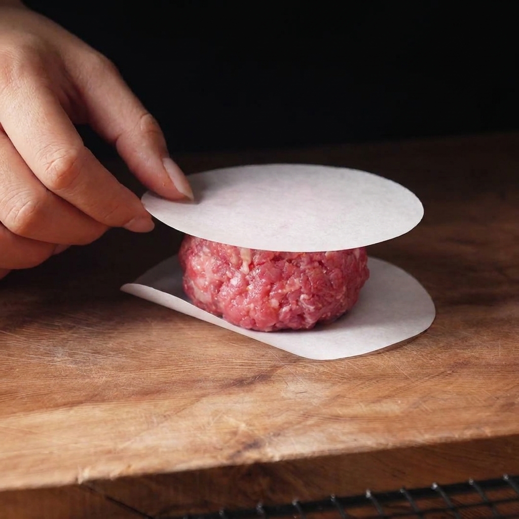 Una mano colocando papel vegetal sobre una bola de carne para presionarla y formar una hamburguesa.