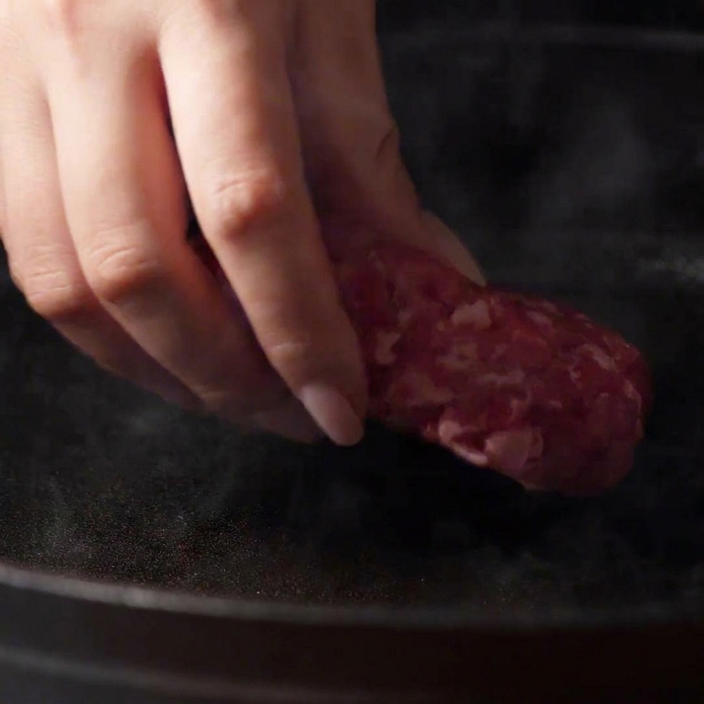 Mano colocando una hamburguesa cruda en una sartén oscura muy caliente y humeante.