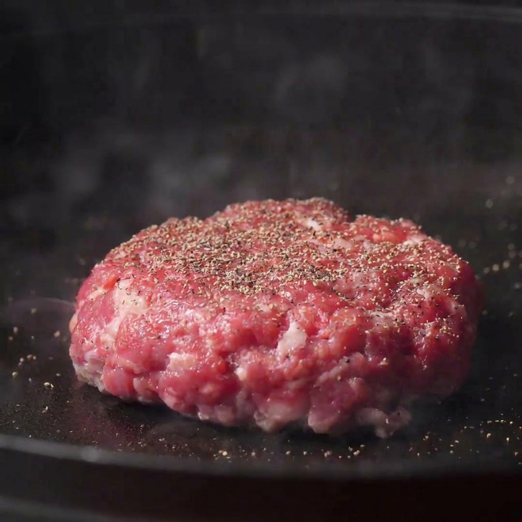 Hamburguesa gruesa de carne picada chisporroteando en una sartén de hierro, sazonada con sal y pimienta.