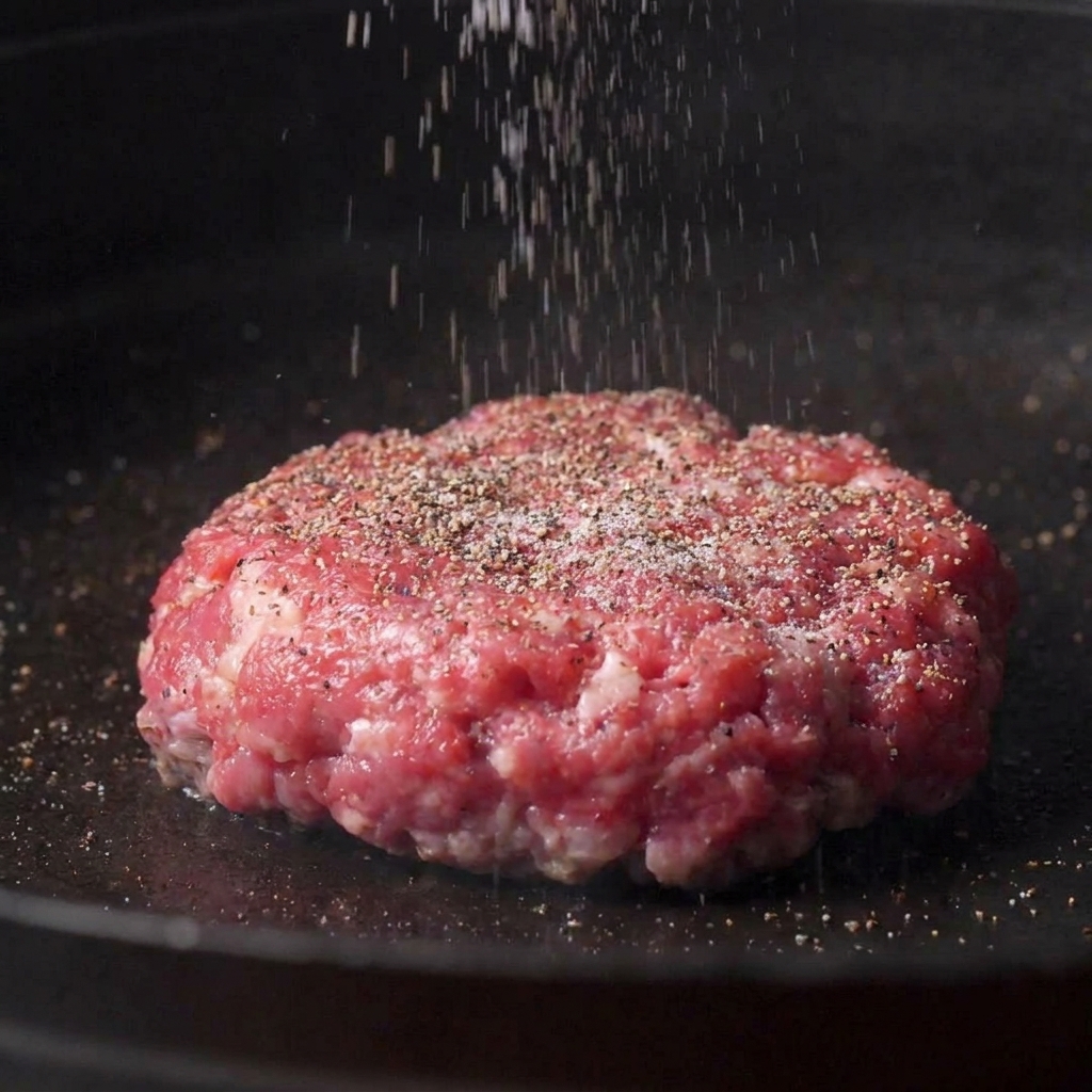 Una espátula de metal dando la vuelta a una hamburguesa sellada en una sartén caliente.