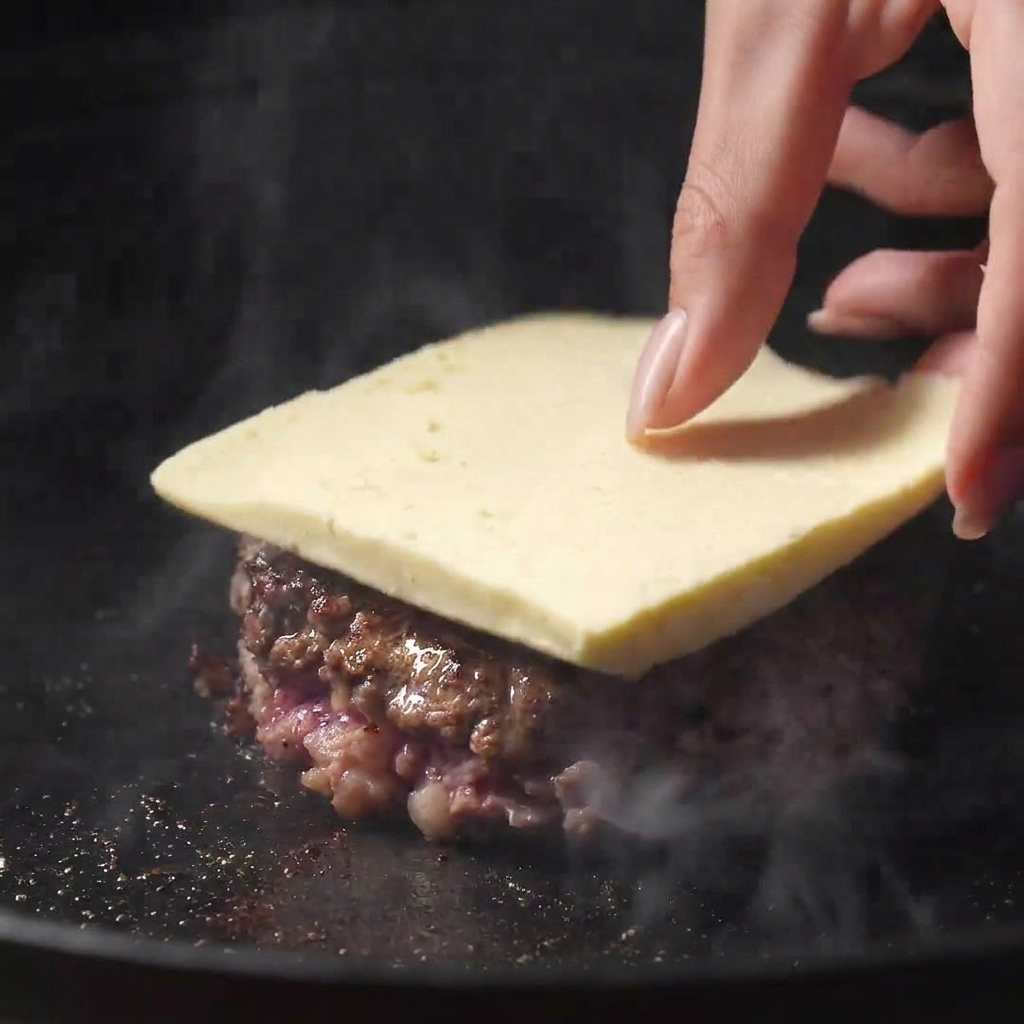 Mano colocando una loncha gruesa de queso sobre la hamburguesa recién volteada en la sartén.