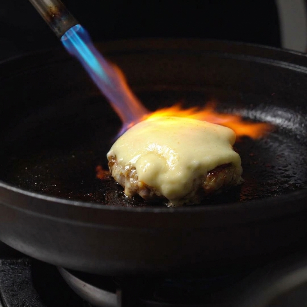 Llama de soplete azul y naranja caramelizando el queso fundido sobre una hamburguesa.