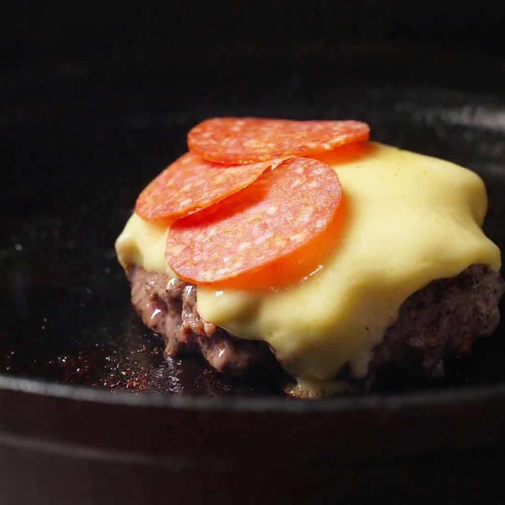 Lonchas de salami rojo dispuestas sobre el queso fundido en una hamburguesa.