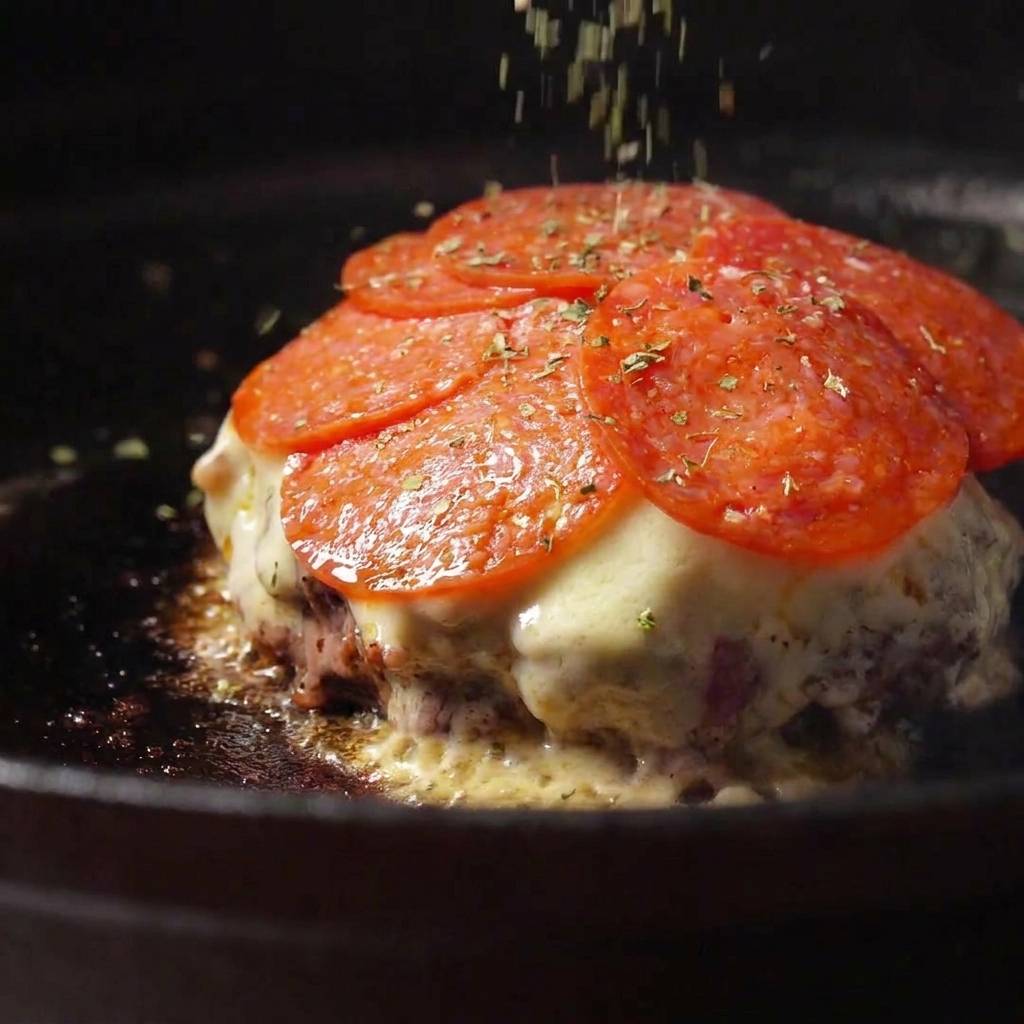 Hierbas verdes secas cayendo sobre el salami en una hamburguesa dentro de una sartén oscura.