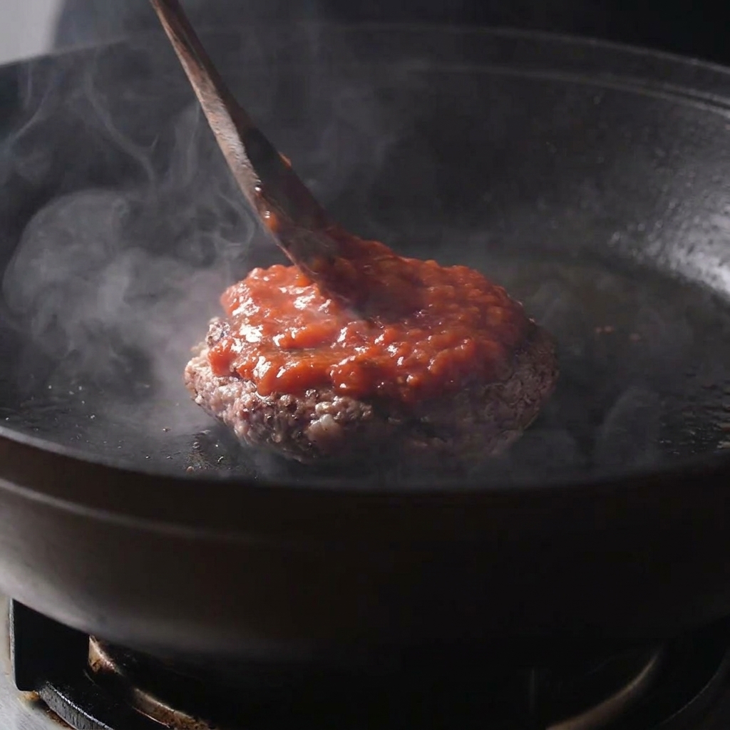 Cuchara de madera extendiendo salsa de tomate roja sobre la segunda hamburguesa en la sartén.