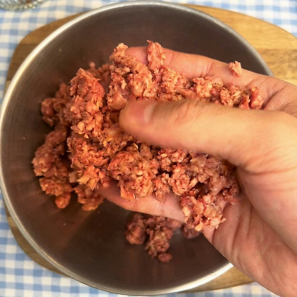 Una mano amasando suavemente una porción de carne picada cruda en un bol metálico.