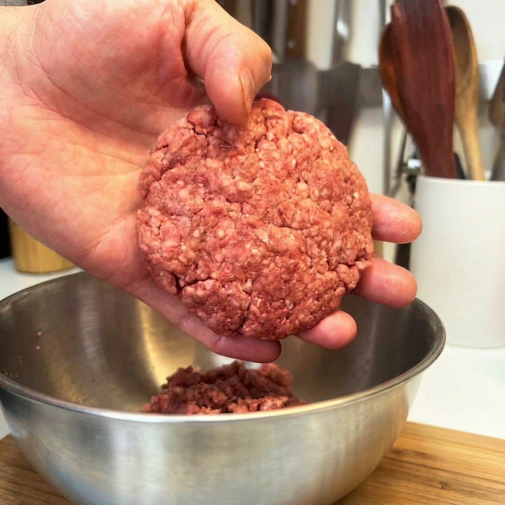 Una porción de carne de hamburguesa cruda y gruesa reposando en la palma de una mano.