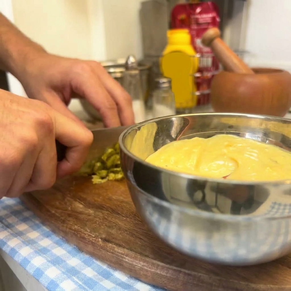 Manos pasando pepinillos picados de una tabla de cortar a un bol de acero con salsa amarilla.