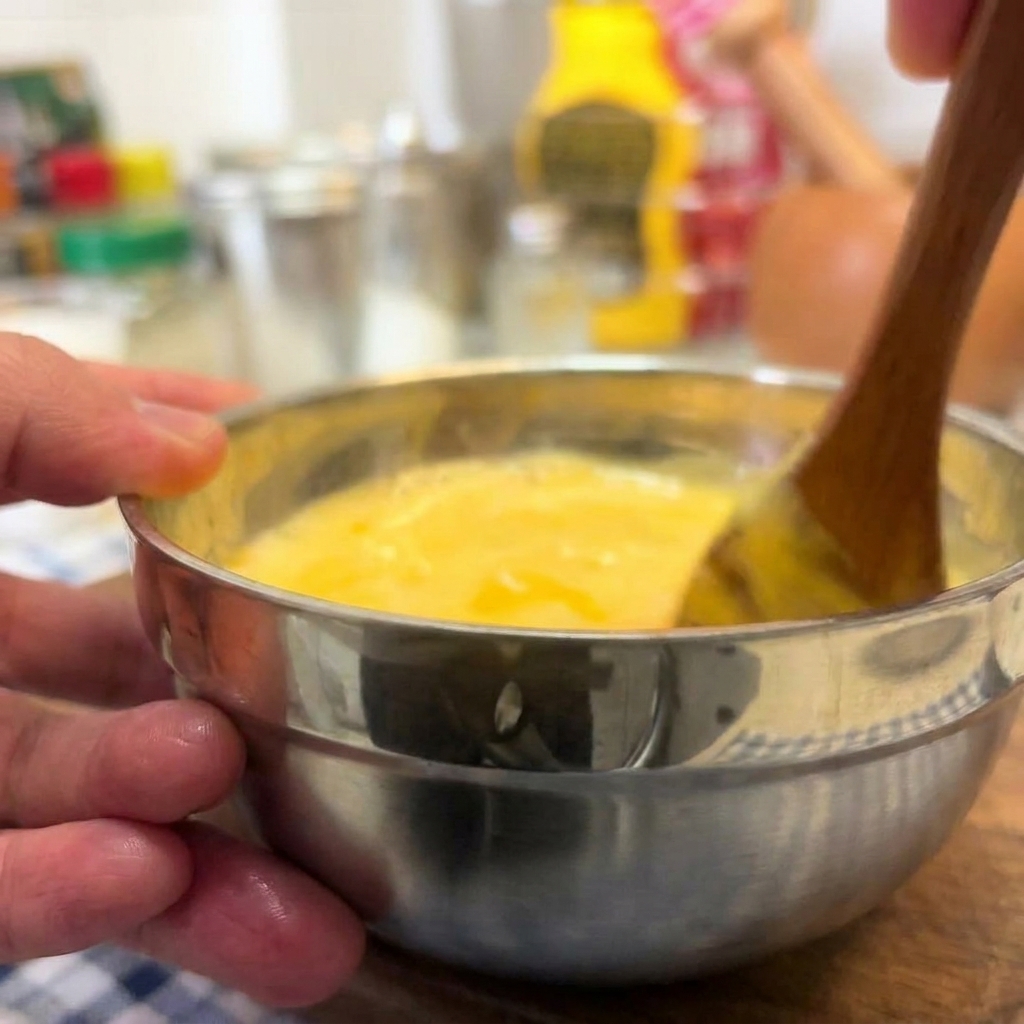 Una mano mezclando una salsa de hamburguesa cremosa de color naranja pálido en un bol con una cuchara de madera.