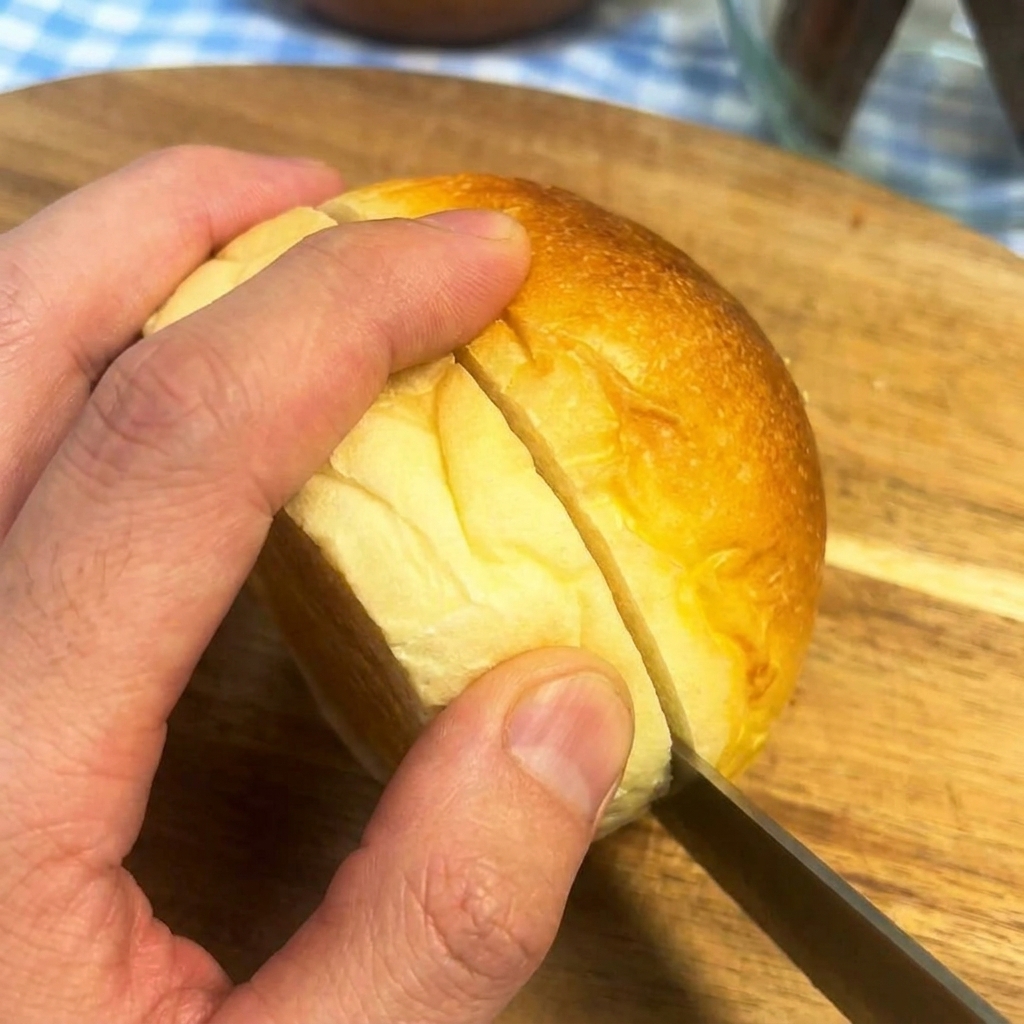 Una mano sosteniendo un pan de hamburguesa mientras lo corta horizontalmente con un cuchillo en una tabla de madera.