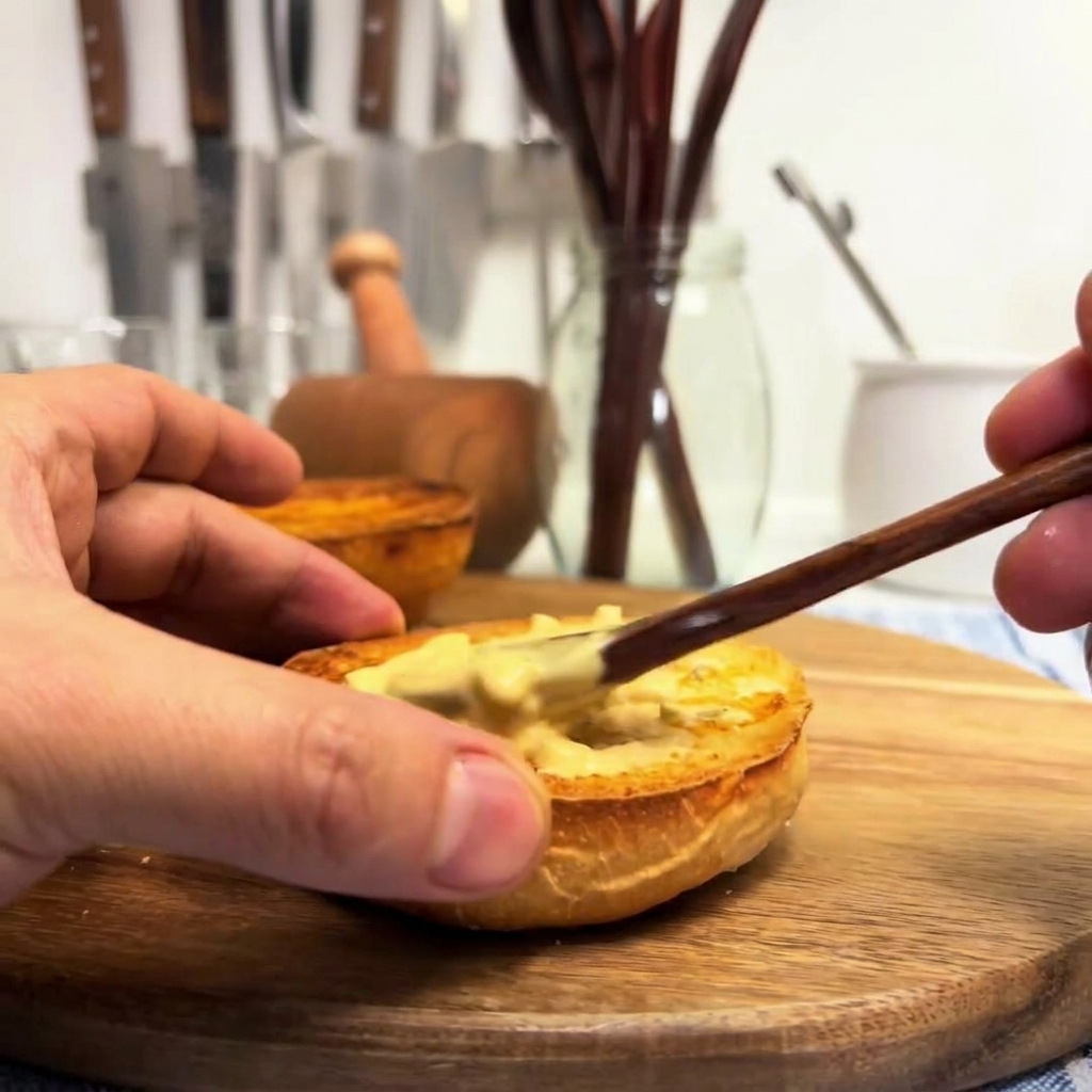Una mano usando un esparcidor de madera para aplicar salsa de hamburguesa en un pan inferior dorado y tostado.