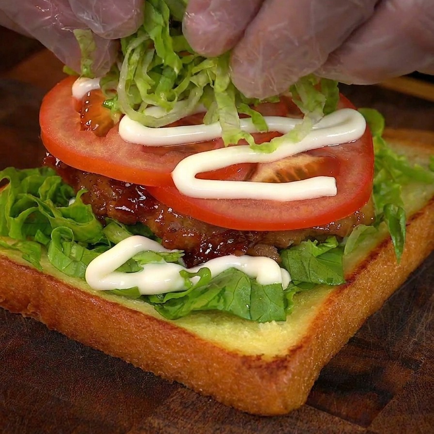 Añadiendo lechuga rallada sobre el tomate durante el montaje del sándwich.