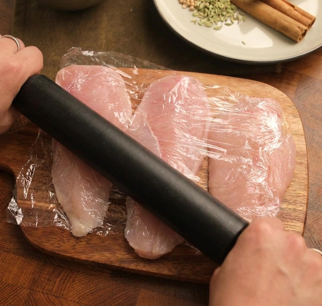 Un rodillo golpeando filetes de pollo crudo a través de papel film sobre una tabla de madera.