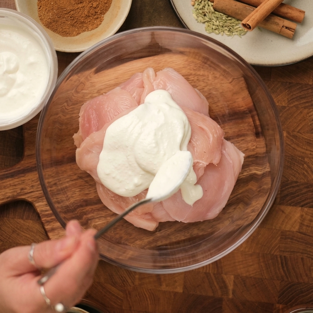 Vertiendo yogur blanco sobre pechugas de pollo crudas en un bol de vidrio.