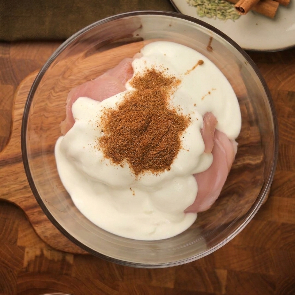 Un bol de vidrio con pollo crudo y yogur cubierto con una porción generosa de especias en polvo color marrón.