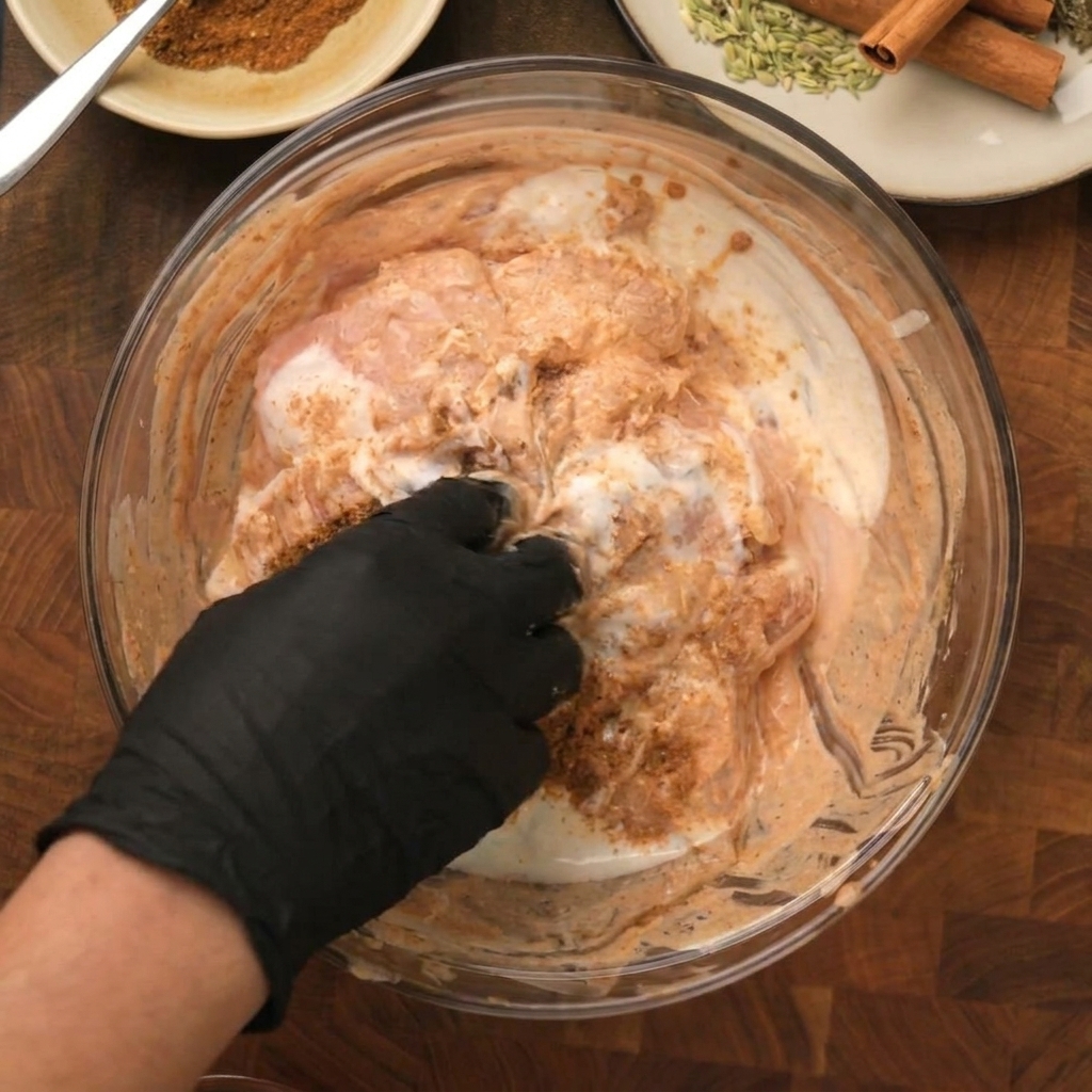 Una persona con guante negro mezclando trozos de pollo crudo con yogur y especias en un bol transparente.