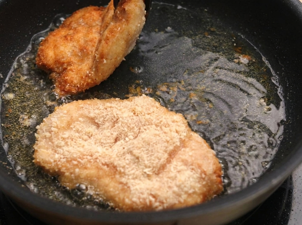 Pechugas de pollo empanadas de color marrón dorado friéndose en una sartén con aceite caliente.