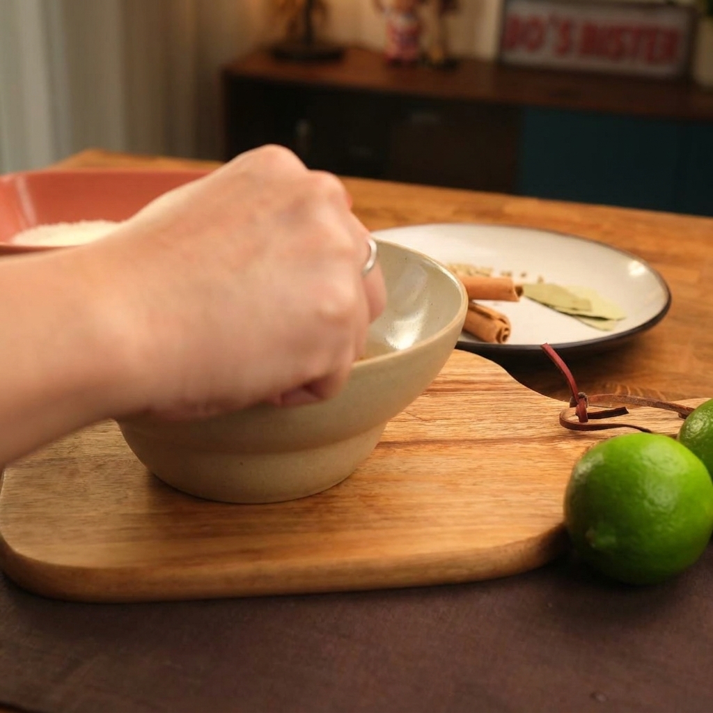 Una mano exprimiendo jugo de lima fresca en un bol con aderezo de mayonesa picante.