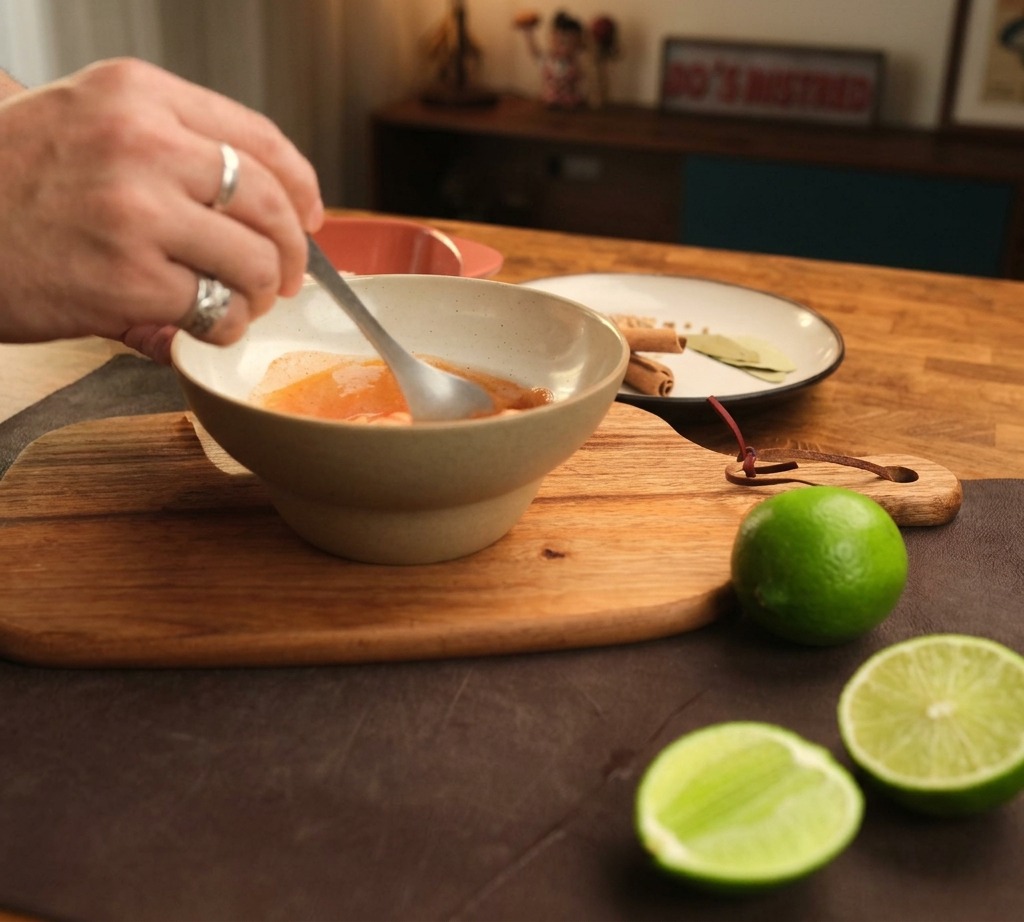Una mano removiendo una salsa de mayonesa Harissa de color naranja cremoso en un bol con una cuchara de metal.