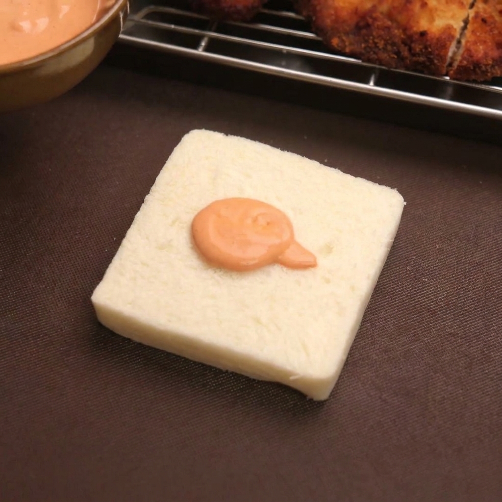 Una porción de mayonesa de Harissa naranja sobre una rebanada cuadrada de pan blanco.