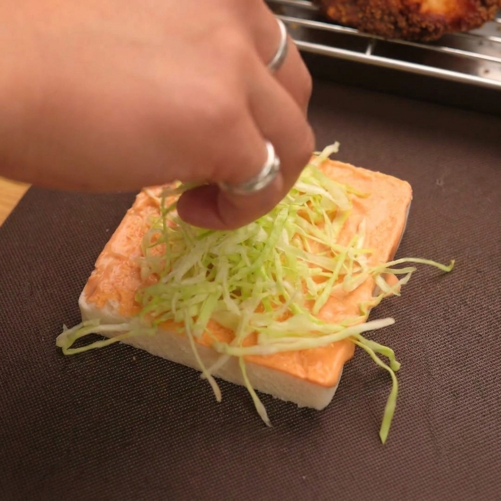 Una mano colocando un puñado de col verde rallada sobre la salsa naranja en una rebanada de pan.