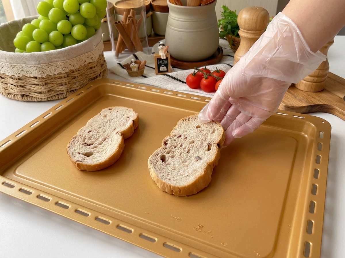 Rebanadas de pan de semillas colocadas en una bandeja de horno listas para tostar.