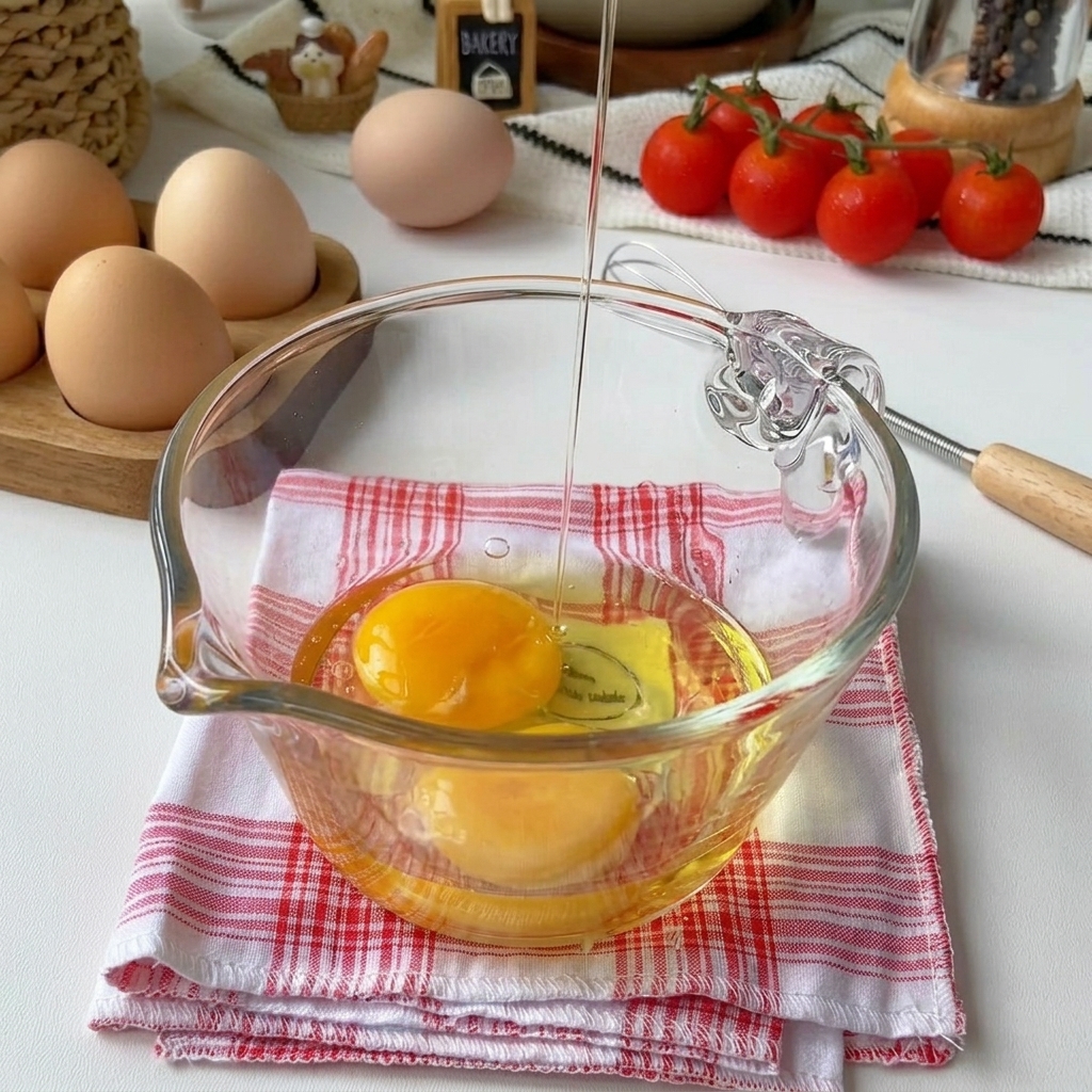 Tres huevos crudos en un bol medidor de cristal transparente.