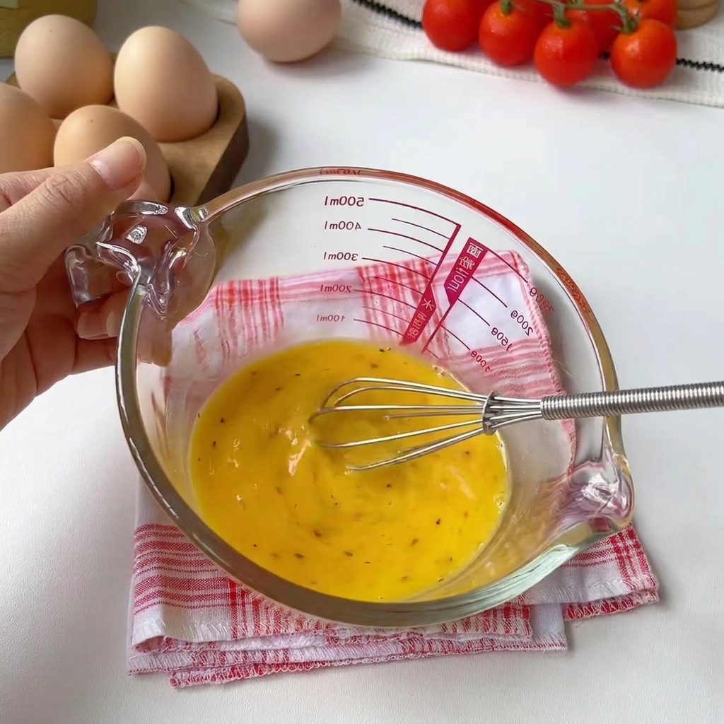 Huevos batidos sazonados con pimienta negra en un bol de cristal.