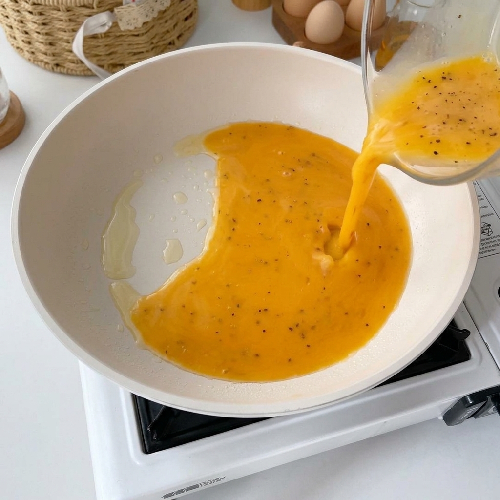 Mezcla de huevo batido vertiéndose en una sartén blanca ligeramente aceitada.