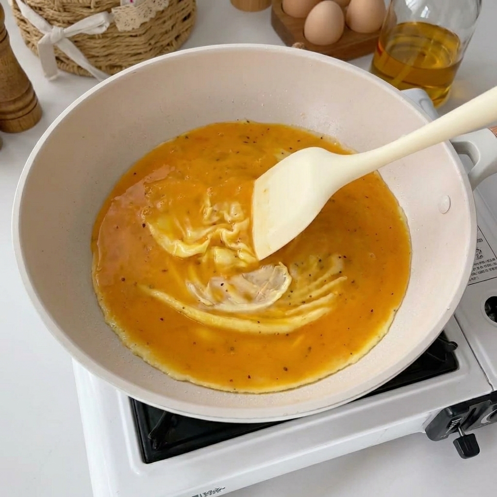 Una espátula clara doblando huevos suaves en una sartén blanca.
