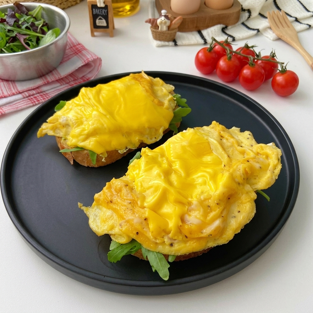 Dos rebanadas de pan tostado con rúcula y una porción de huevos revueltos con queso fundido.